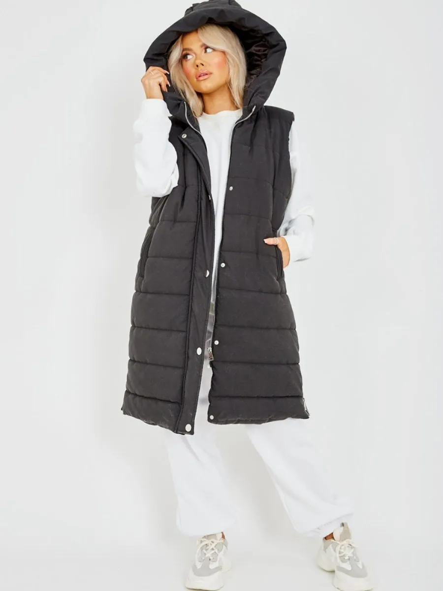 Michele Longline Hooded Puffer Gilet In Black