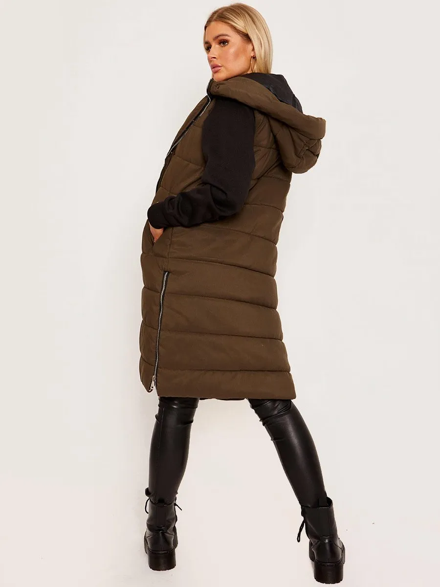 Michele Longline Hooded Puffer Gilet In Khaki