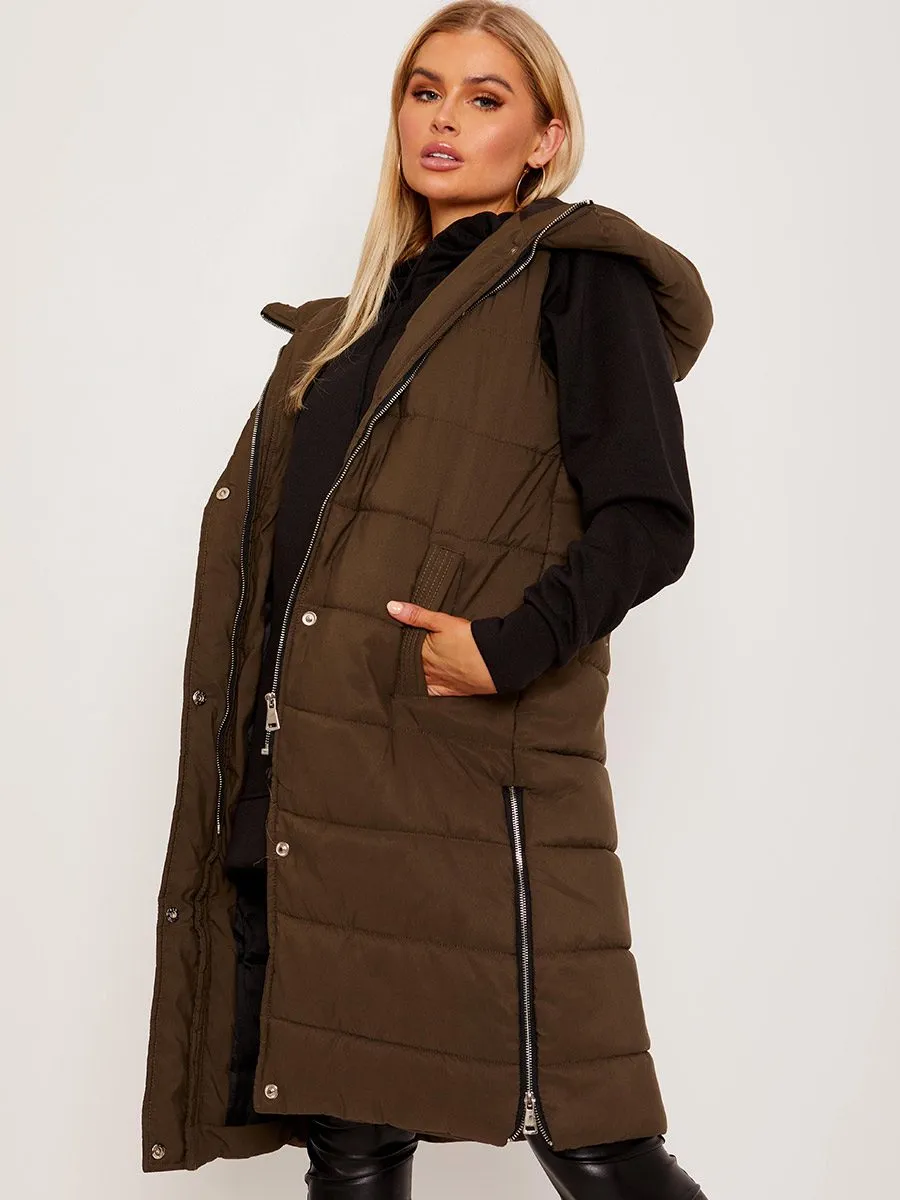 Michele Longline Hooded Puffer Gilet In Khaki