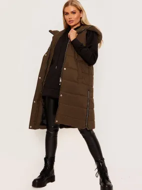 Michele Longline Hooded Puffer Gilet In Khaki