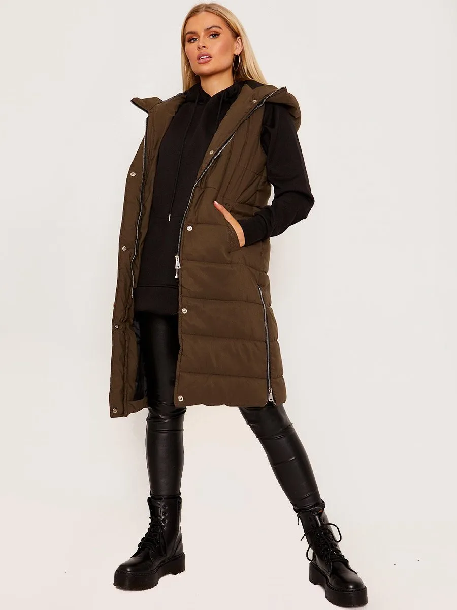 Michele Longline Hooded Puffer Gilet In Khaki