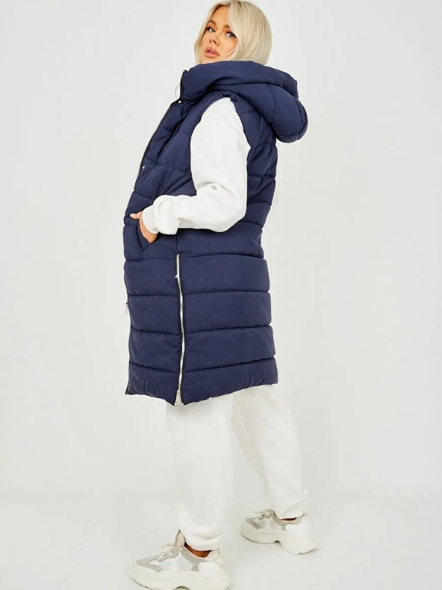 Michele Longline Hooded Puffer Gilet In Navy