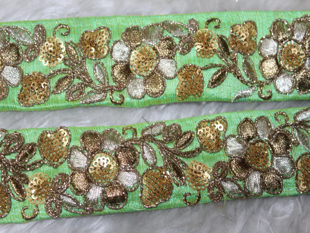 Mint Green Sequins Threadwork Embroidered Border