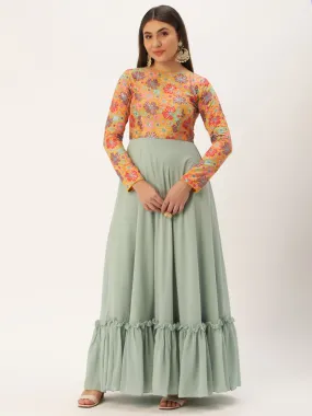 Multicolored Embroidered & Green Georgette Gown