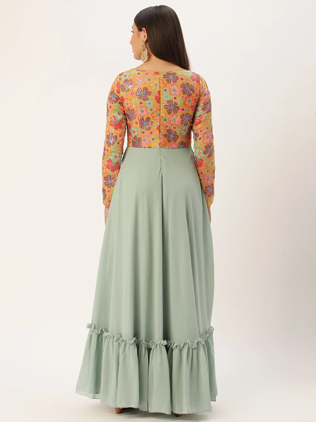 Multicolored Embroidered & Green Georgette Gown