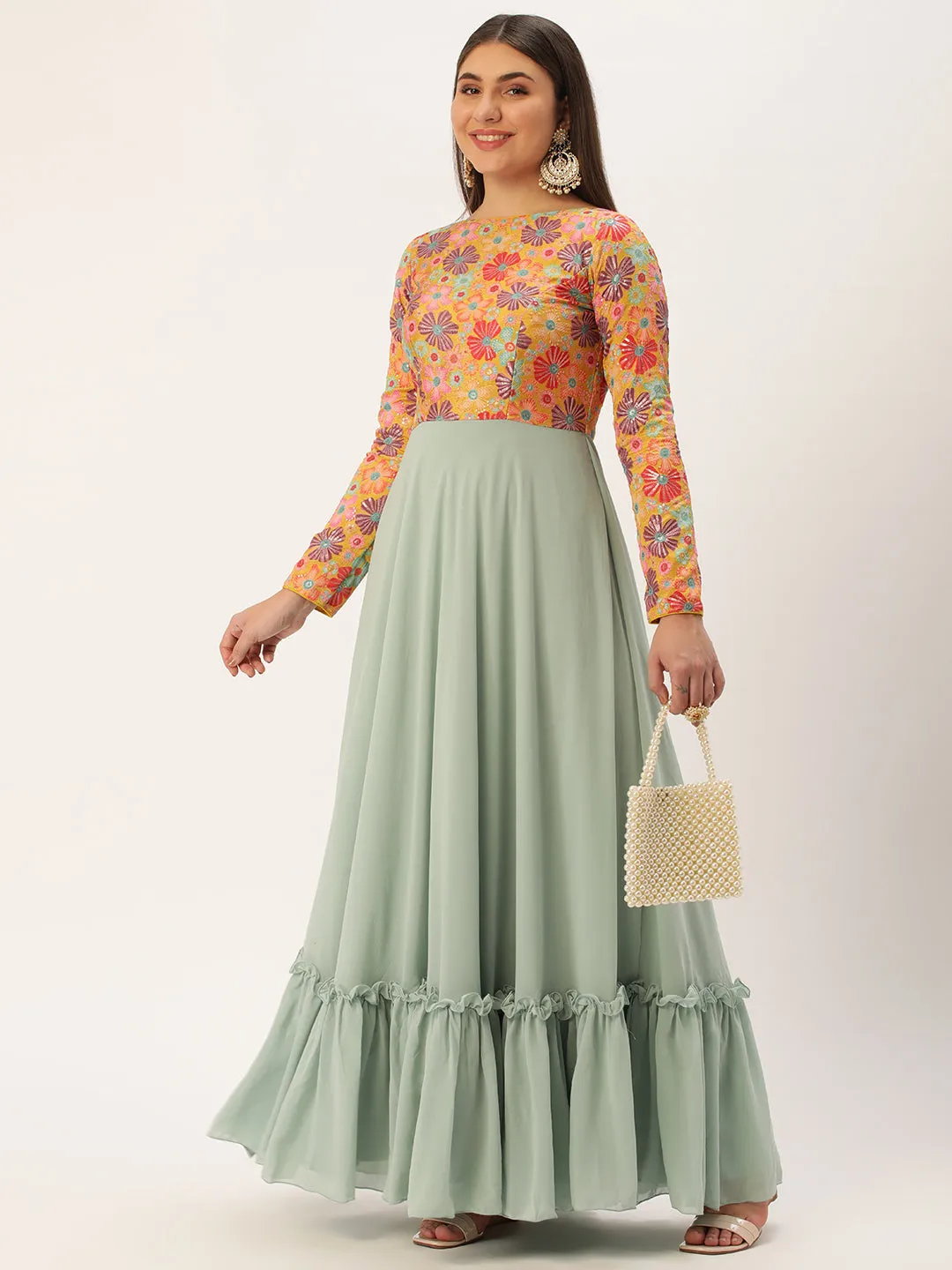 Multicolored Embroidered & Green Georgette Gown