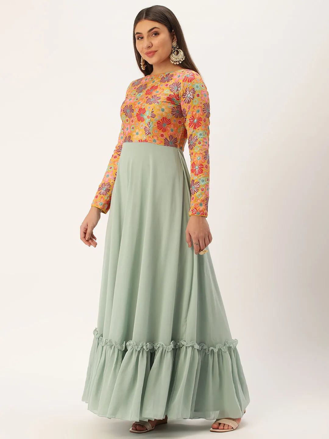 Multicolored Embroidered & Green Georgette Gown