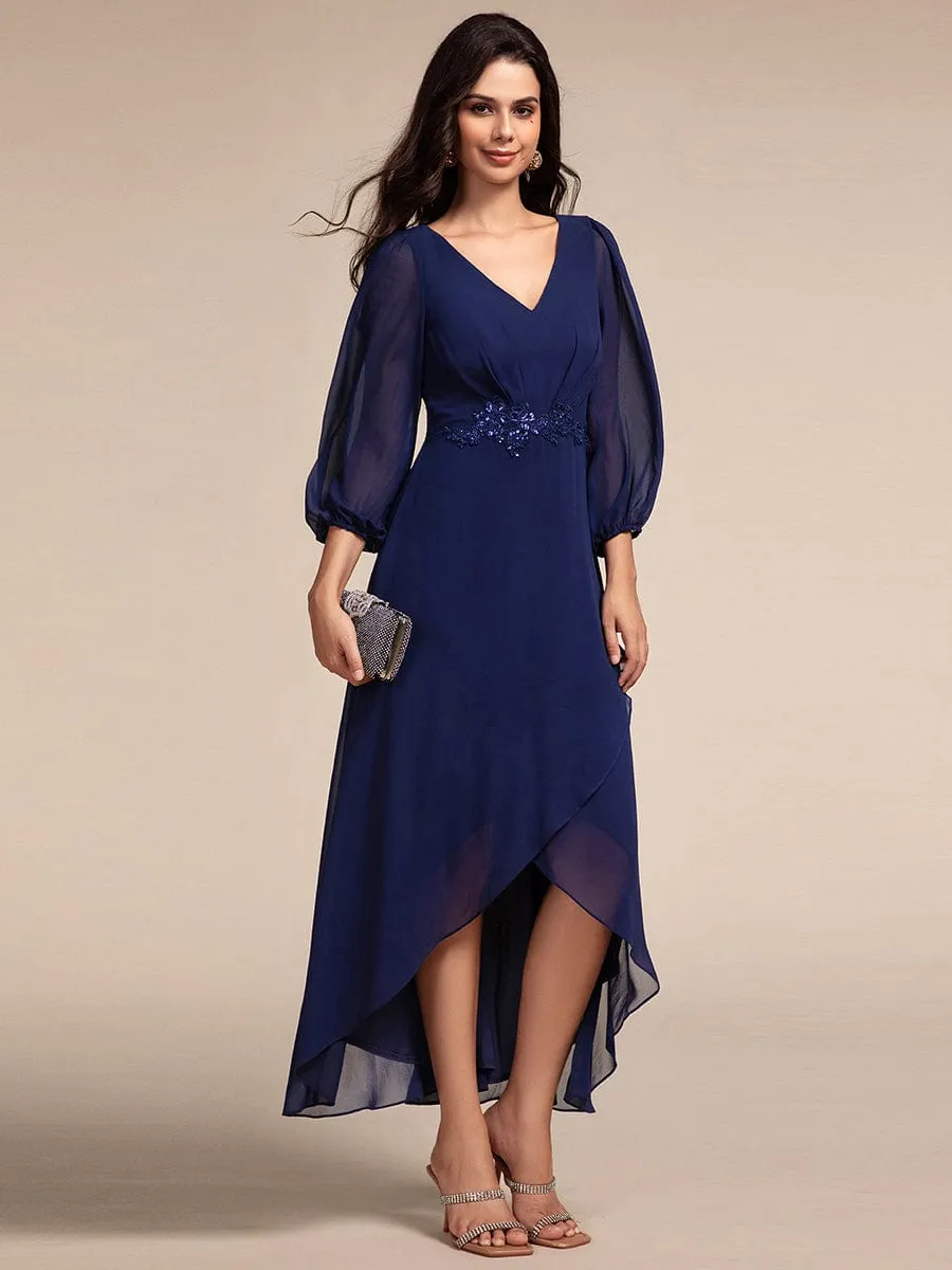 Nora | Long Lantern Sleeves Waist Applique Chiffon Formal Evening Dress