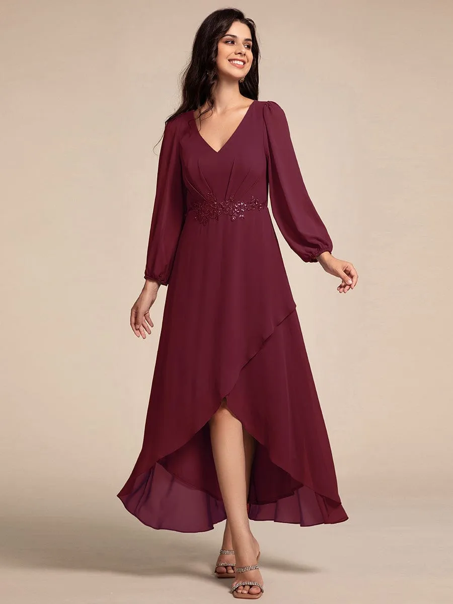 Nora | Long Lantern Sleeves Waist Applique Chiffon Formal Evening Dress