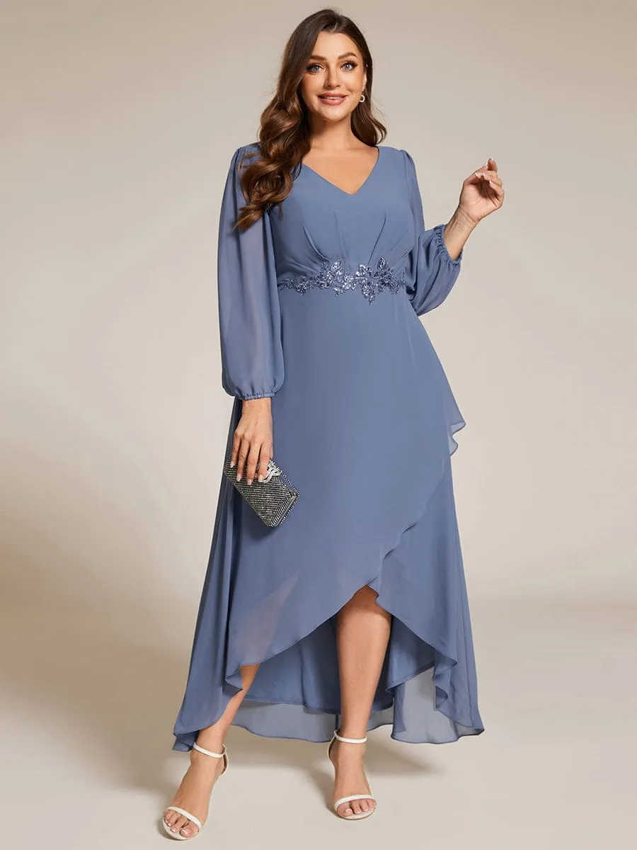 Nora | Long Lantern Sleeves Waist Applique Chiffon Formal Evening Dress