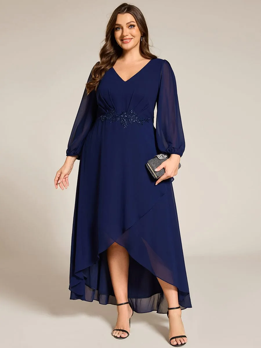 Nora | Long Lantern Sleeves Waist Applique Chiffon Formal Evening Dress