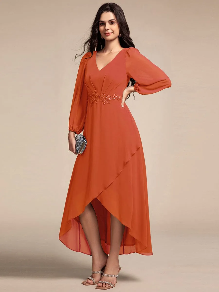 Nora | Long Lantern Sleeves Waist Applique Chiffon Formal Evening Dress