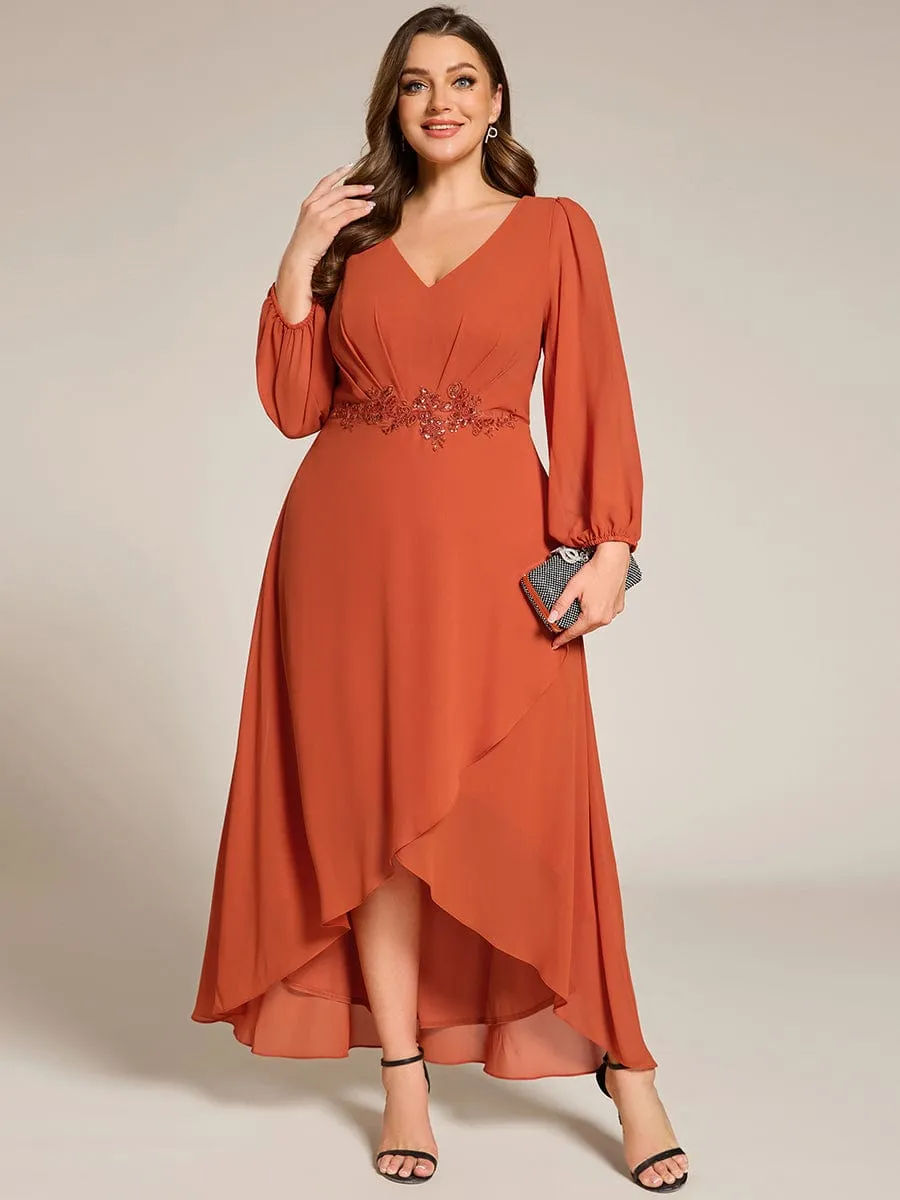 Nora | Long Lantern Sleeves Waist Applique Chiffon Formal Evening Dress