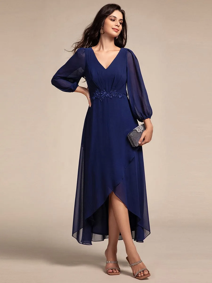 Nora | Long Lantern Sleeves Waist Applique Chiffon Formal Evening Dress