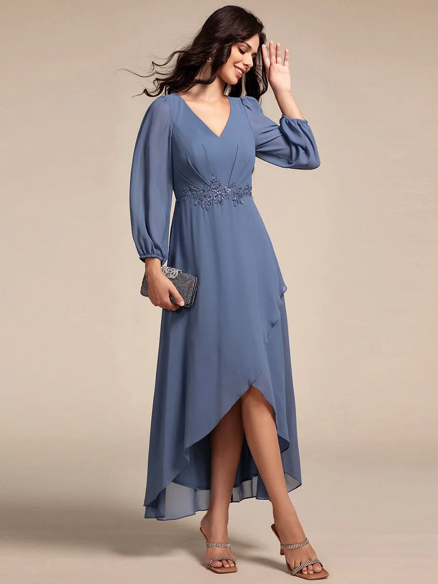 Nora | Long Lantern Sleeves Waist Applique Chiffon Formal Evening Dress