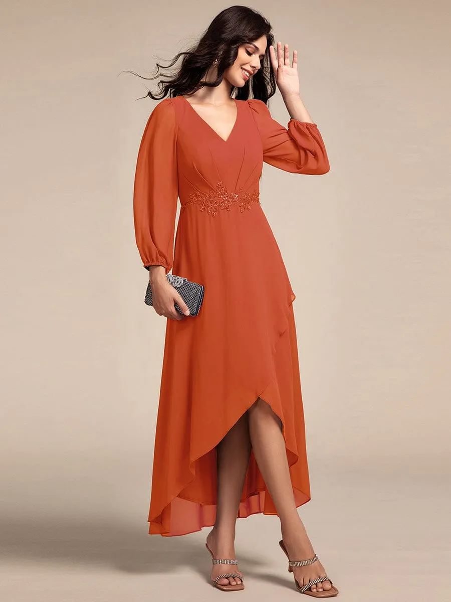 Nora | Long Lantern Sleeves Waist Applique Chiffon Formal Evening Dress