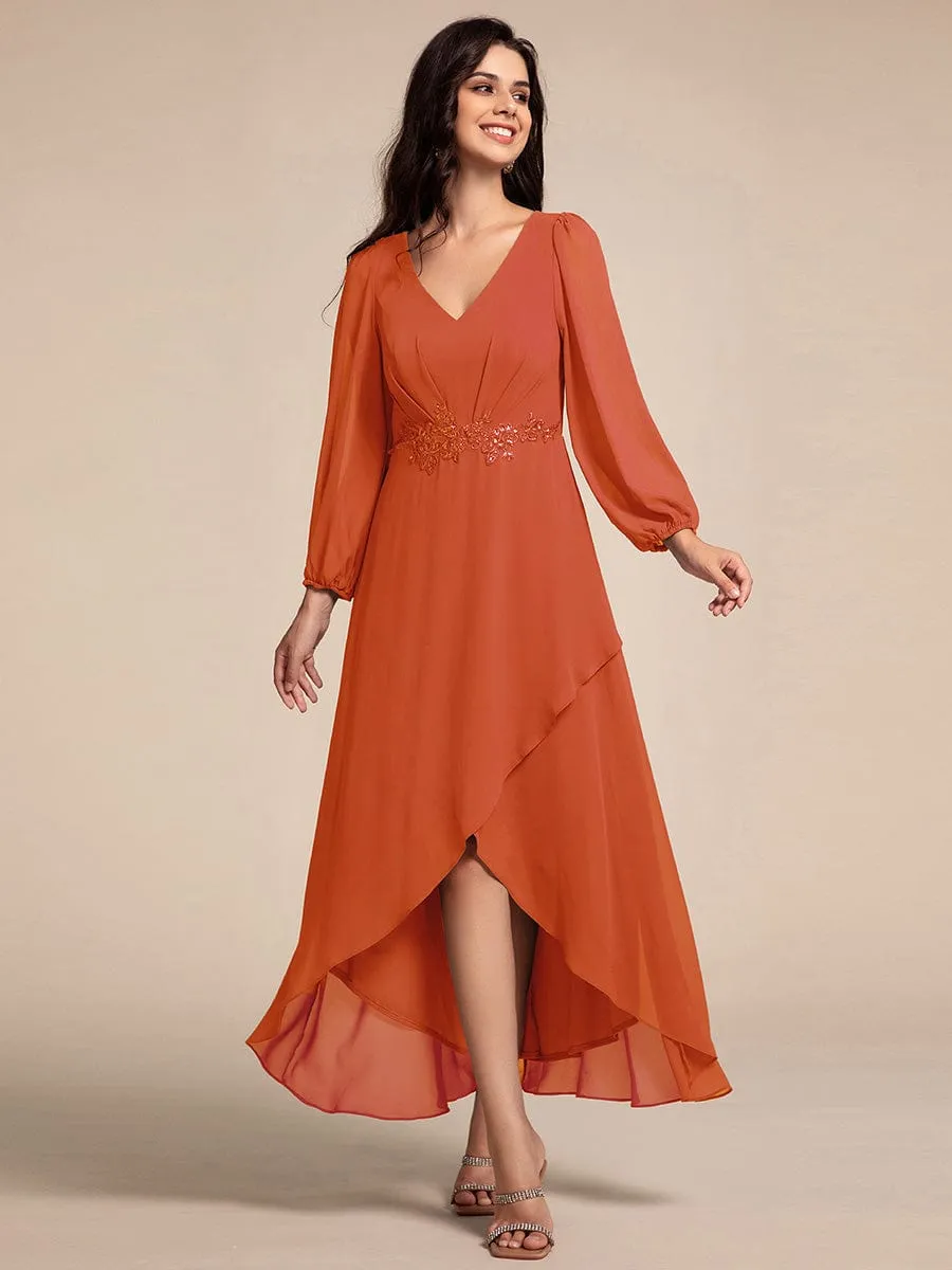 Nora | Long Lantern Sleeves Waist Applique Chiffon Formal Evening Dress