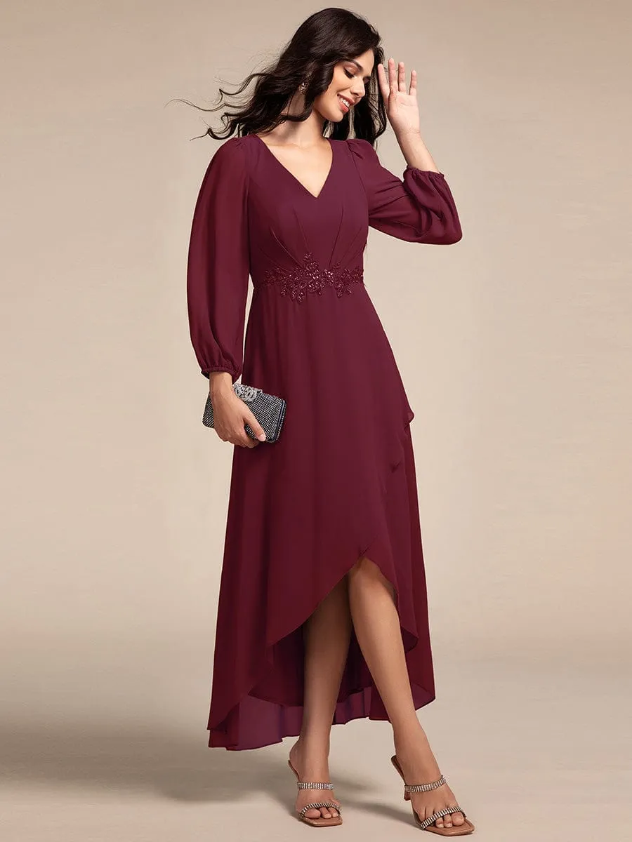 Nora | Long Lantern Sleeves Waist Applique Chiffon Formal Evening Dress