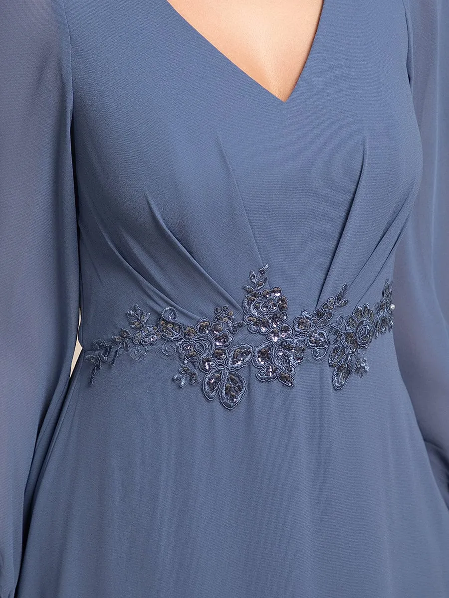 Nora | Long Lantern Sleeves Waist Applique Chiffon Formal Evening Dress