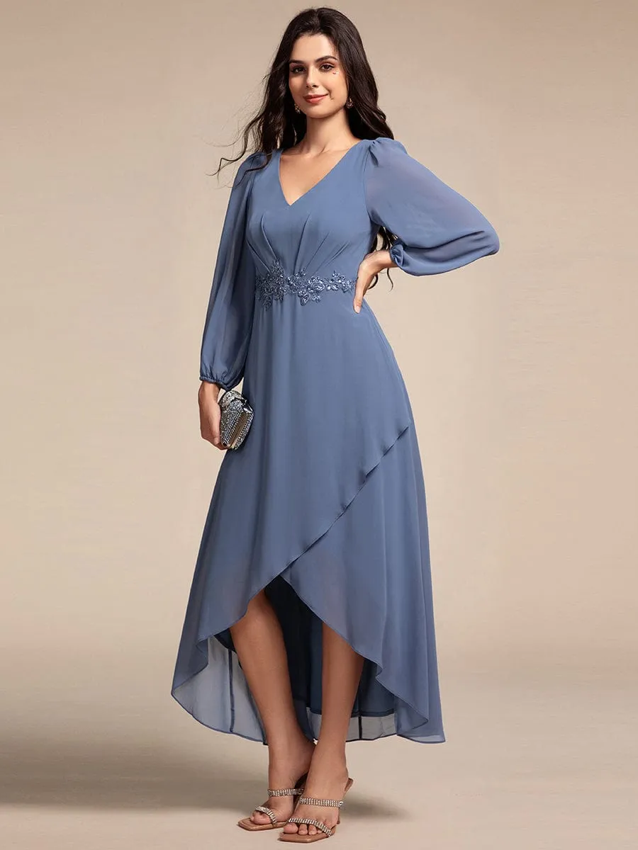 Nora | Long Lantern Sleeves Waist Applique Chiffon Formal Evening Dress