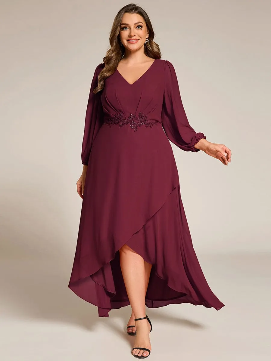 Nora | Long Lantern Sleeves Waist Applique Chiffon Formal Evening Dress