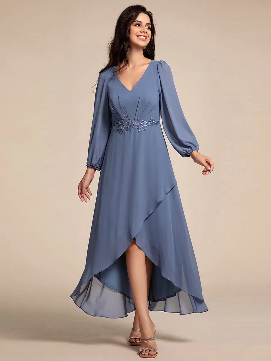 Nora | Long Lantern Sleeves Waist Applique Chiffon Formal Evening Dress