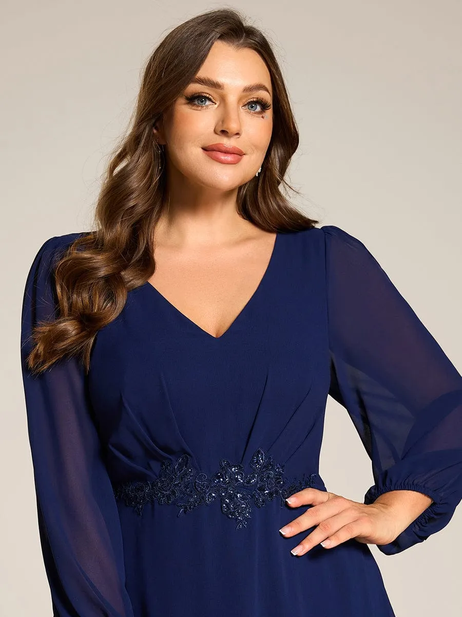 Nora | Long Lantern Sleeves Waist Applique Chiffon Formal Evening Dress