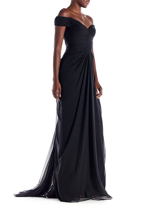 Off the Shoulder Draped Chiffon Gown