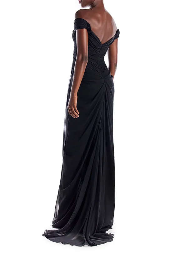 Off the Shoulder Draped Chiffon Gown