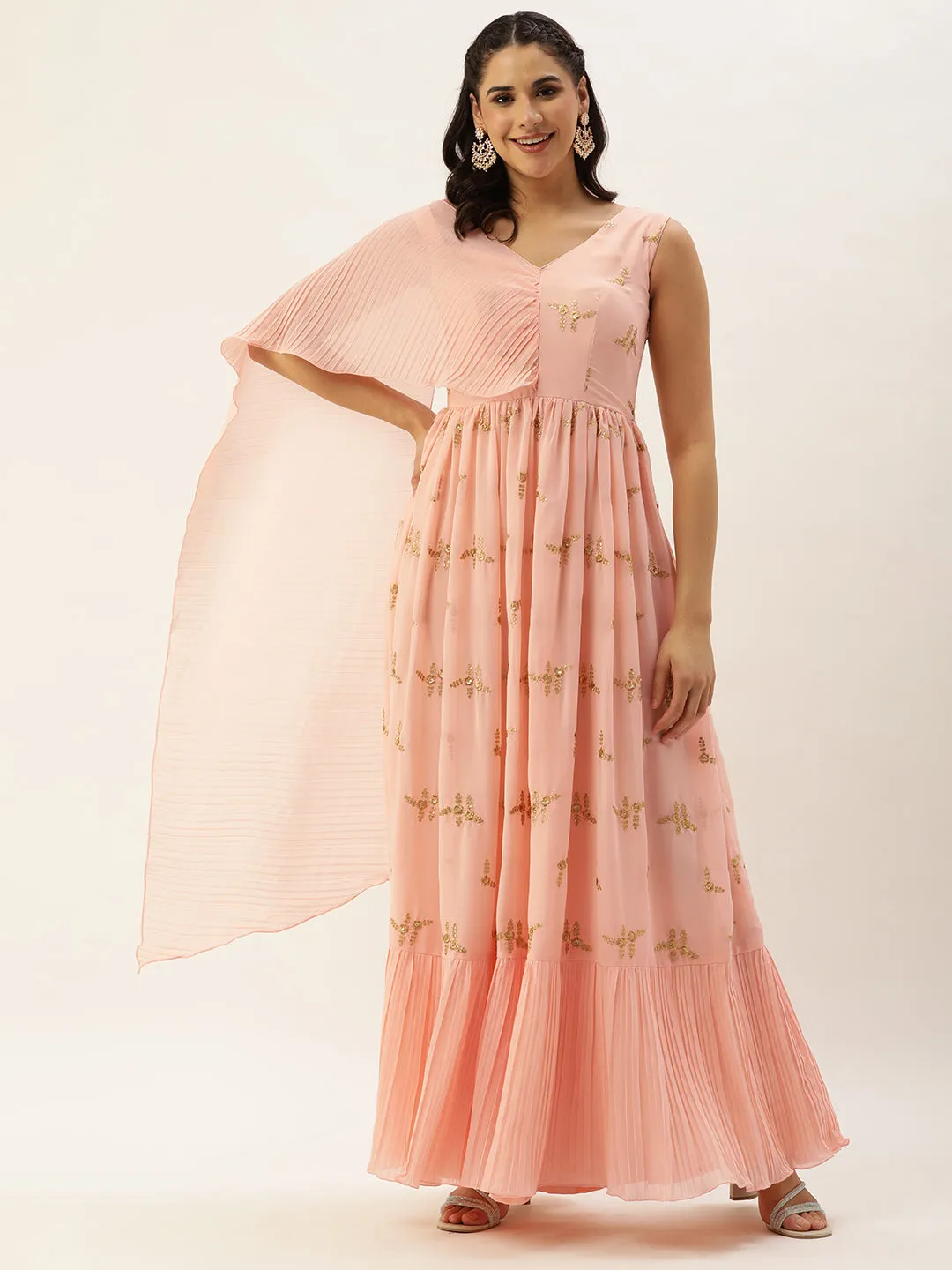 Peach Embroidered Pleated Georgette Gown