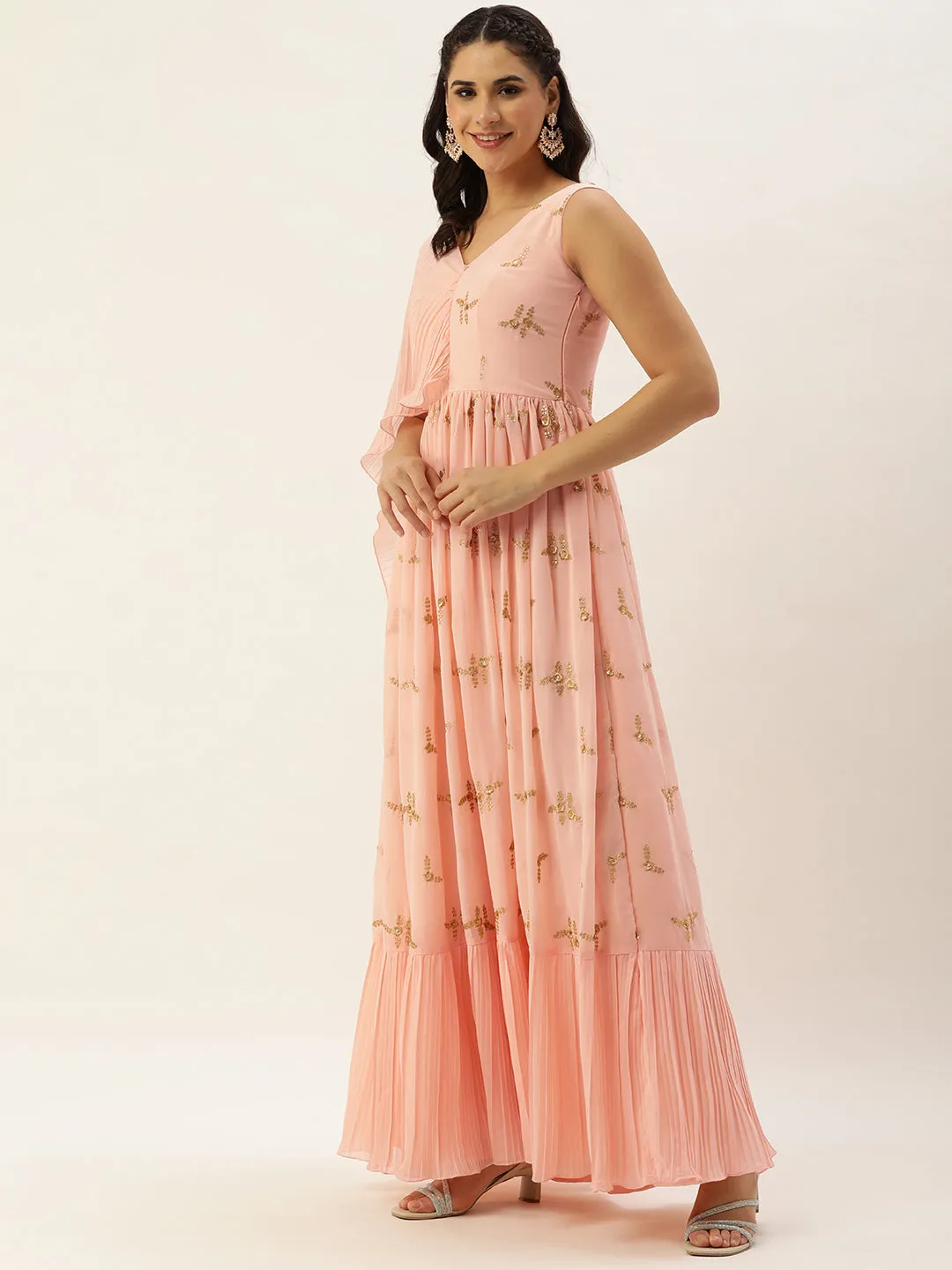 Peach Embroidered Pleated Georgette Gown