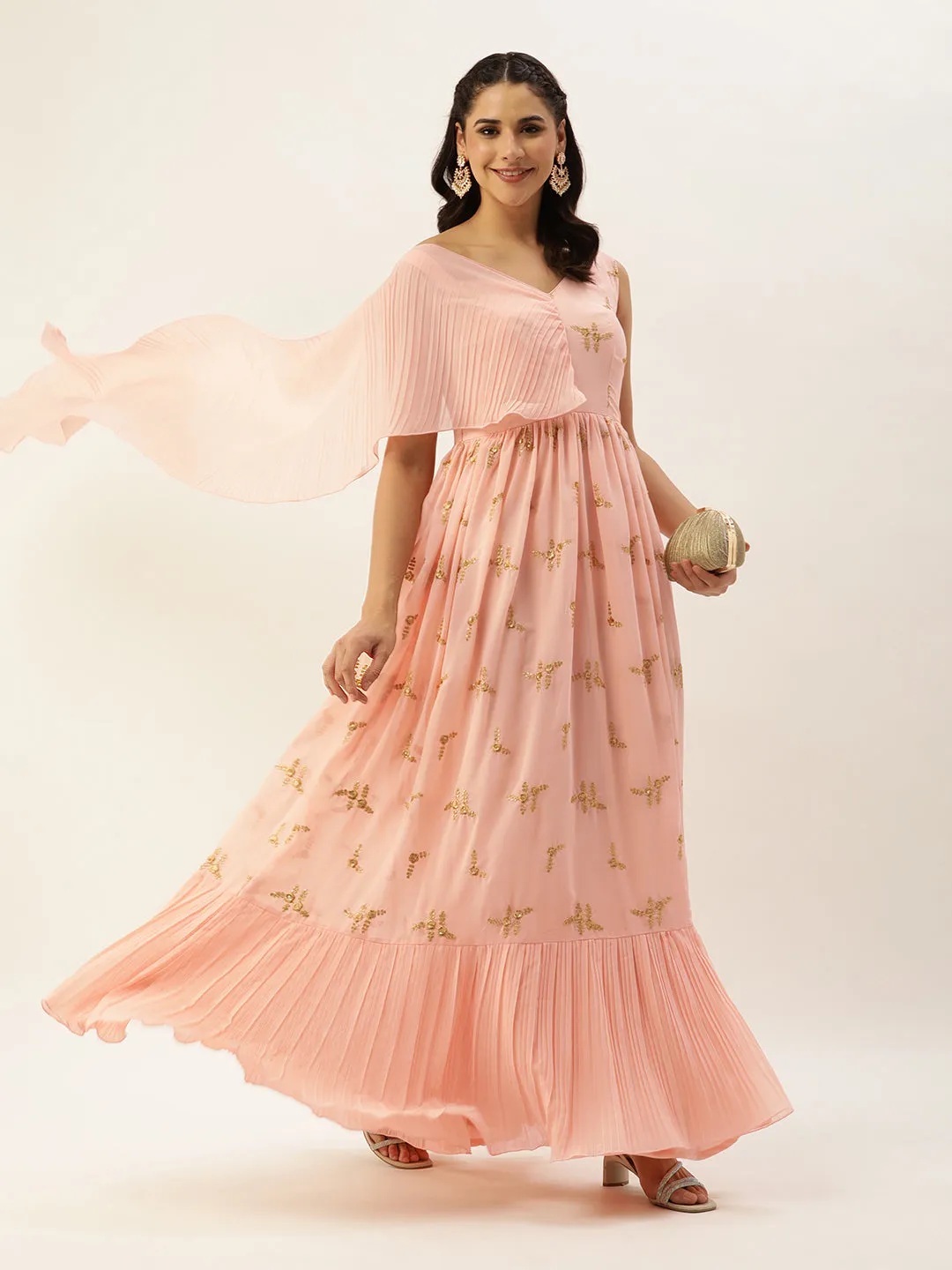 Peach Embroidered Pleated Georgette Gown