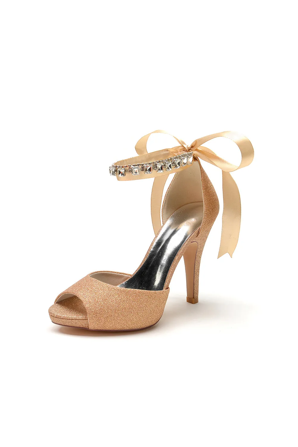 Peep Toe Rhinestone Strap Ribborn Tie