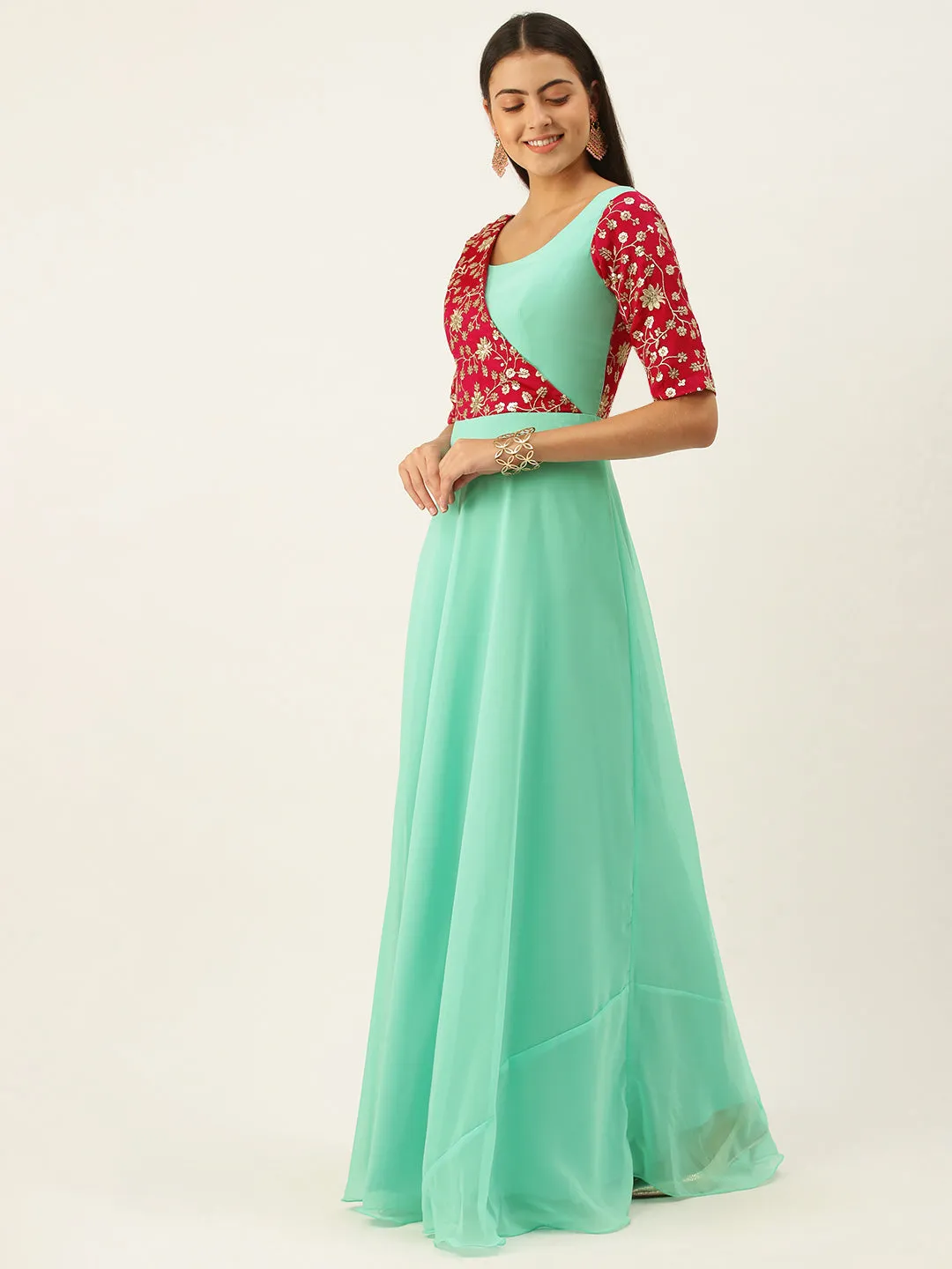 Pink Embroidered & Turquoise Overlapping Gown