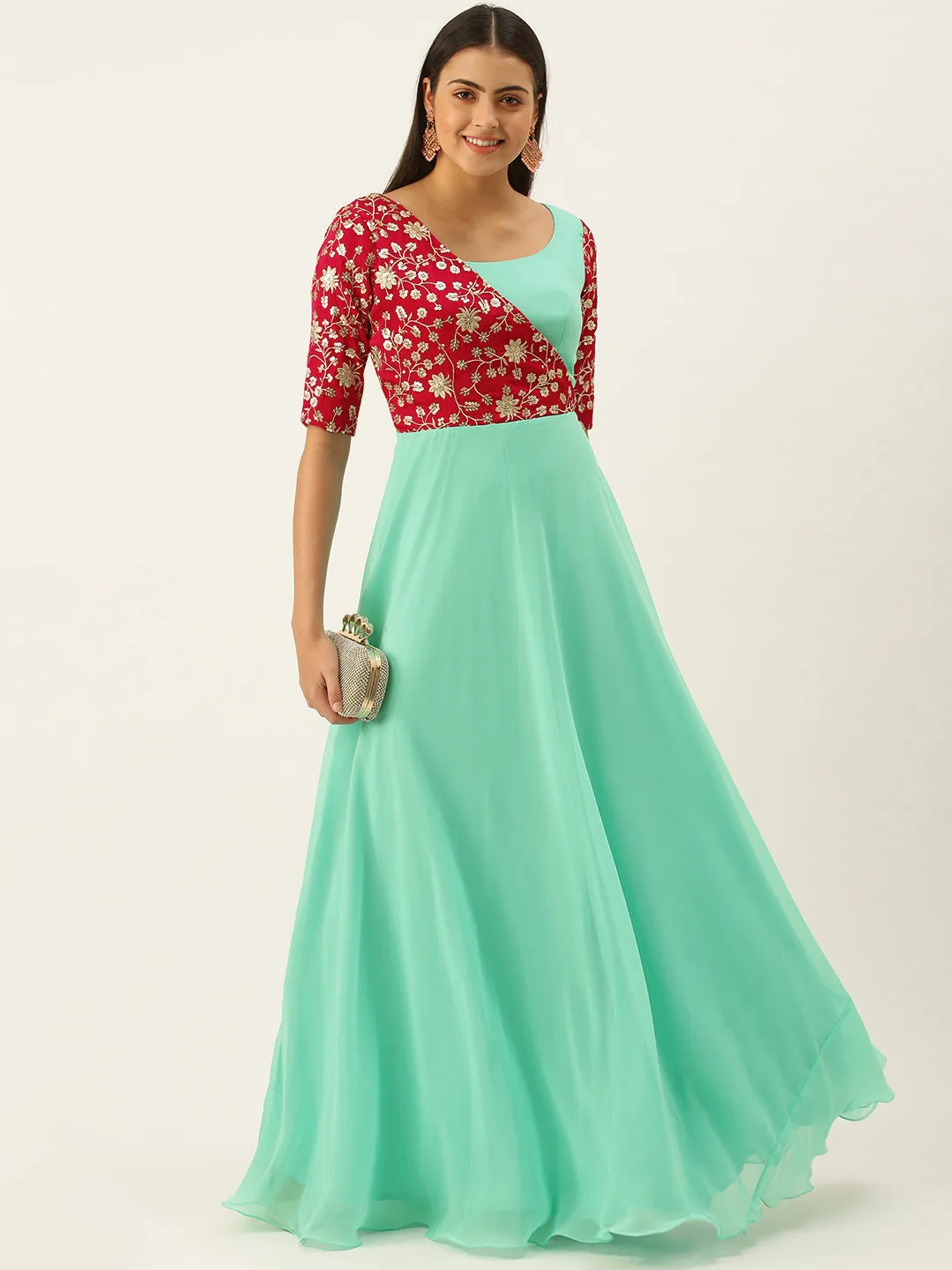 Pink Embroidered & Turquoise Overlapping Gown