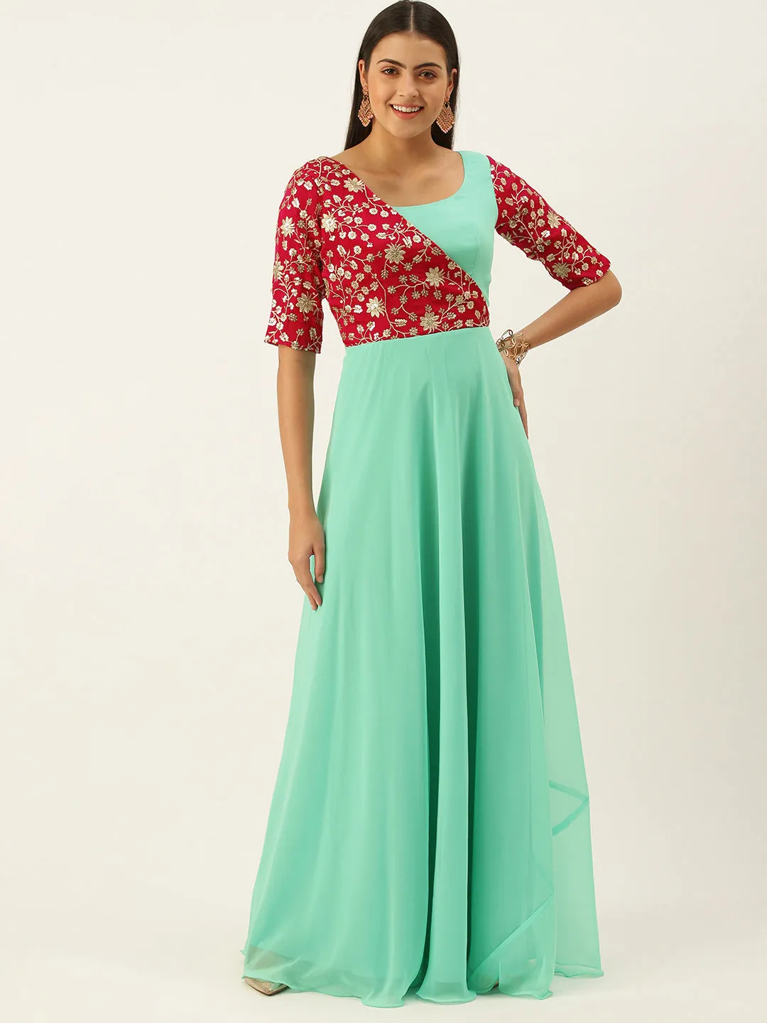 Pink Embroidered & Turquoise Overlapping Gown