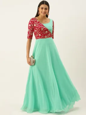 Pink Embroidered & Turquoise Overlapping Gown