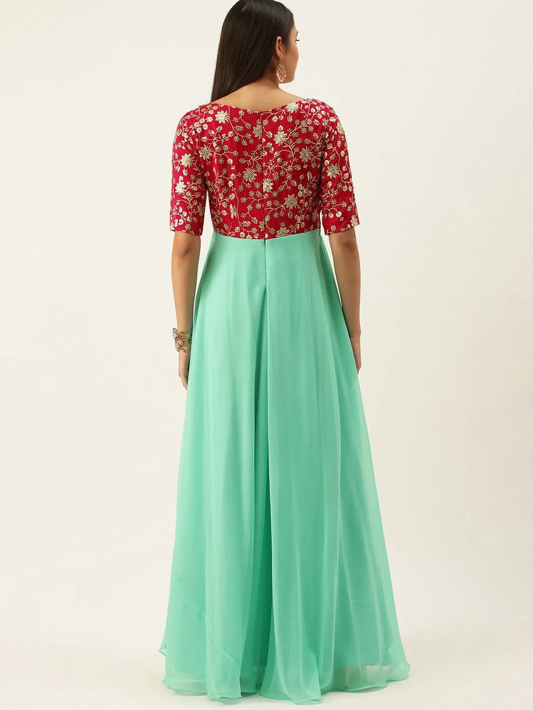 Pink Embroidered & Turquoise Overlapping Gown