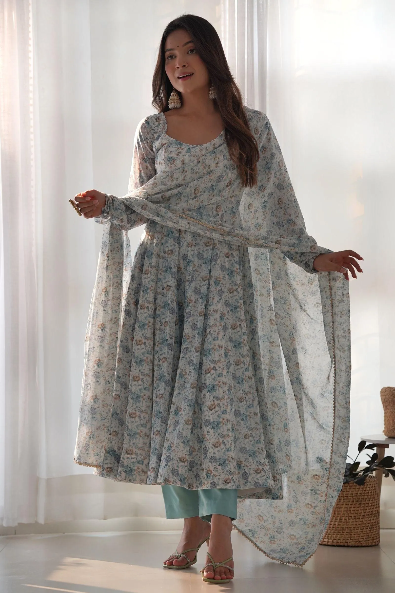 Printed Grey Anarkali Suit