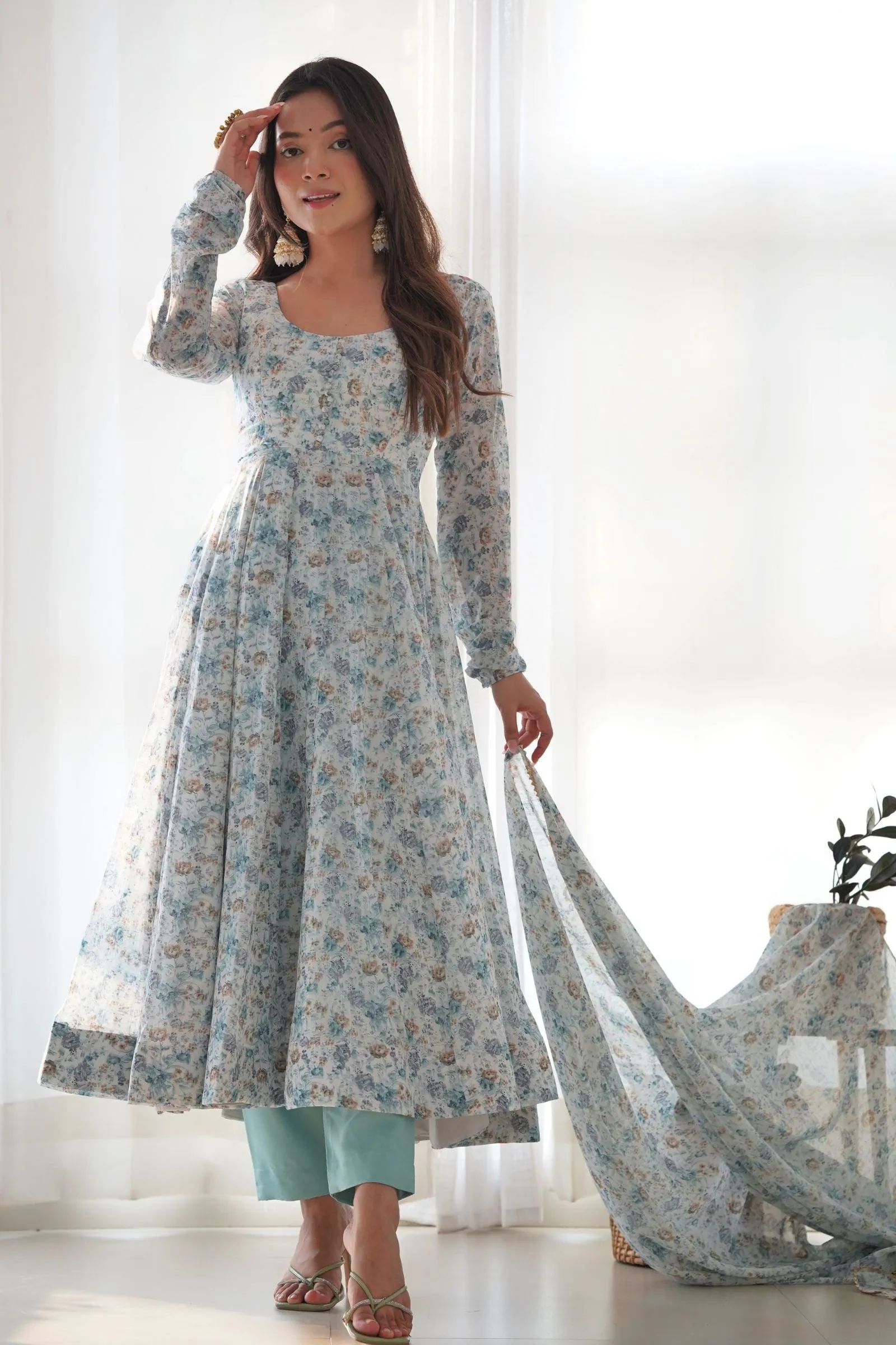 Printed Grey Anarkali Suit