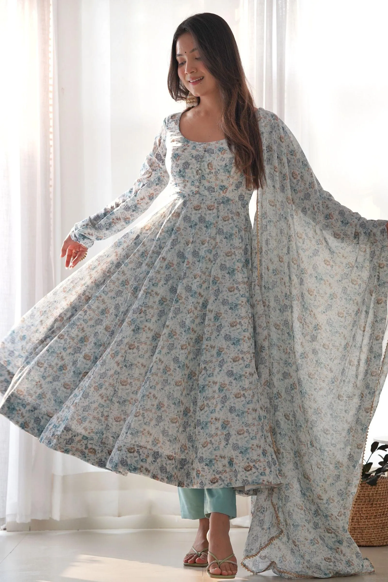 Printed Grey Anarkali Suit