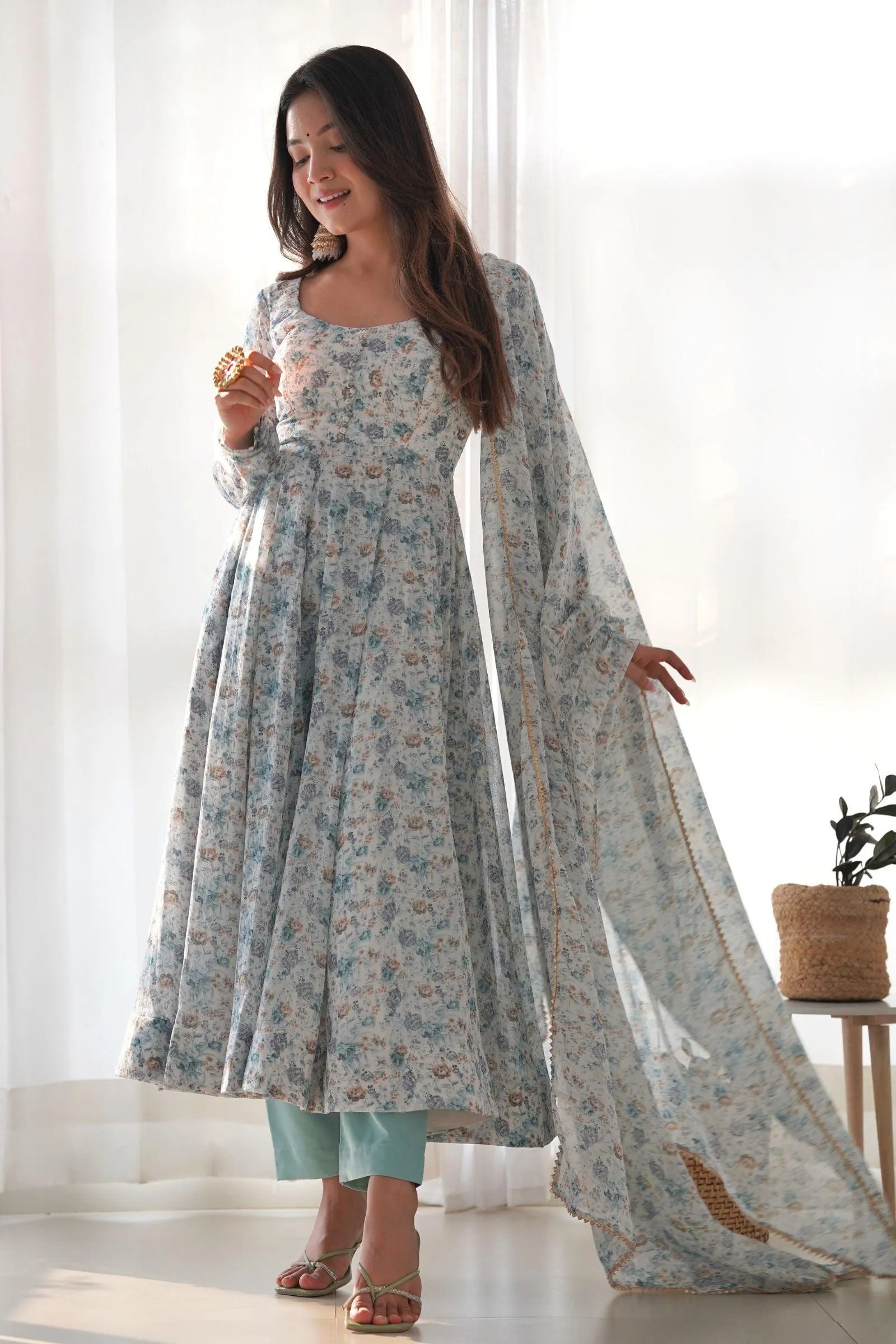 Printed Grey Anarkali Suit