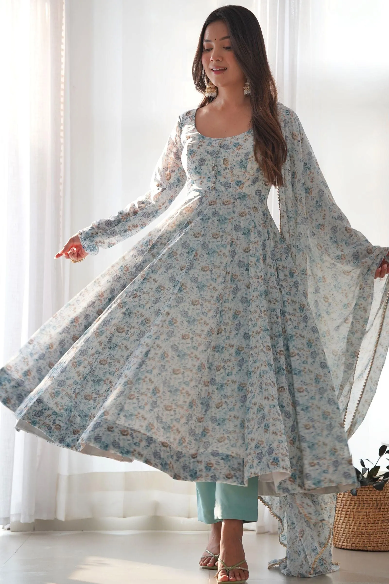 Printed Grey Anarkali Suit