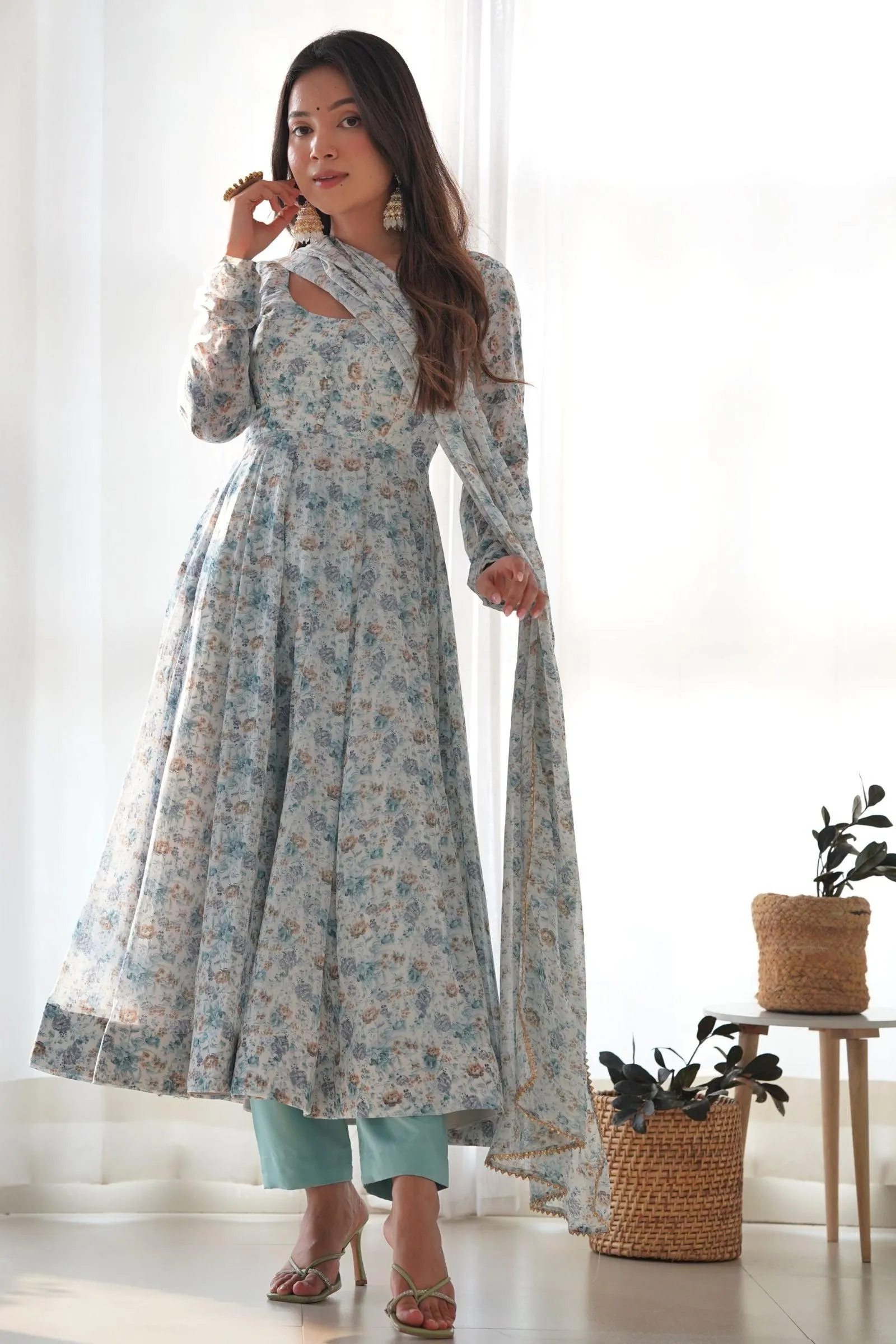 Printed Grey Anarkali Suit