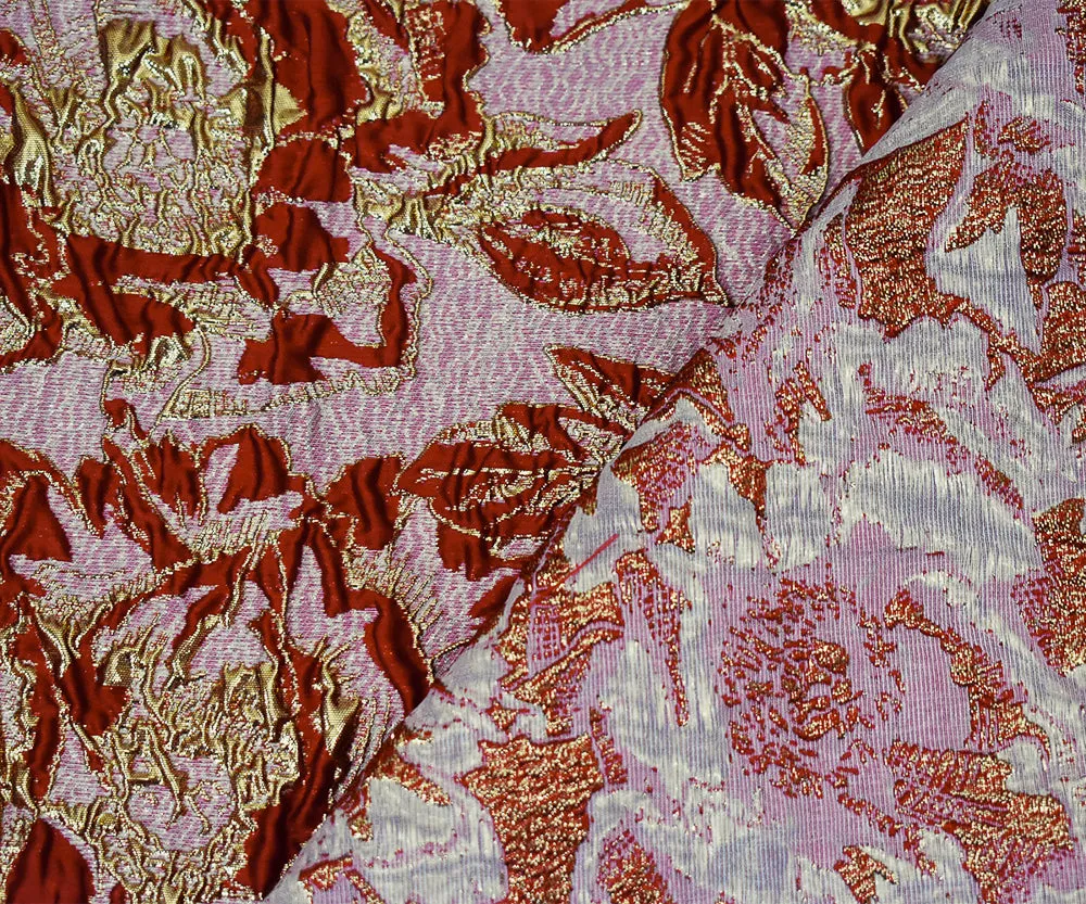 Red-Gold Poly Blend Metallic Abstract Floral Matellasse Jacquard Brocade Fabric