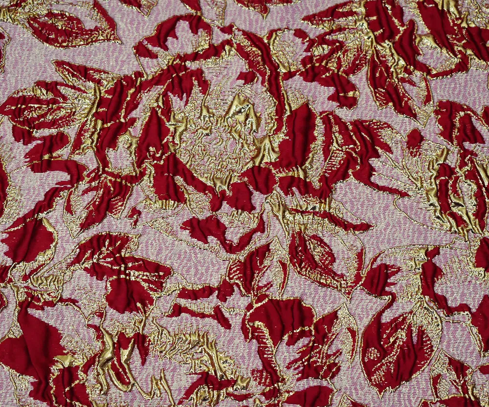 Red-Gold Poly Blend Metallic Abstract Floral Matellasse Jacquard Brocade Fabric