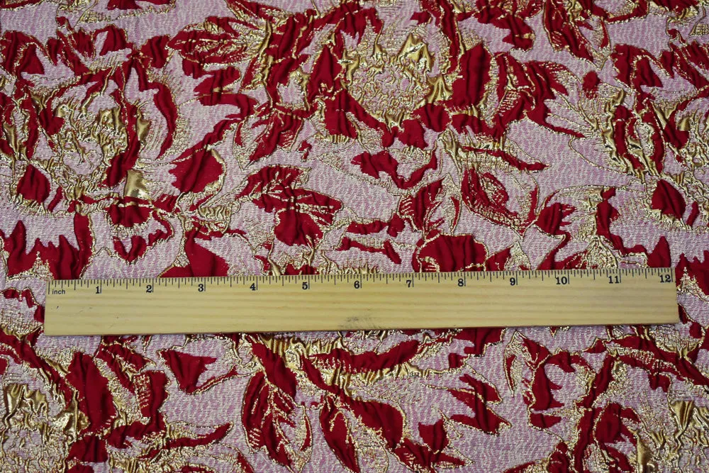 Red-Gold Poly Blend Metallic Abstract Floral Matellasse Jacquard Brocade Fabric