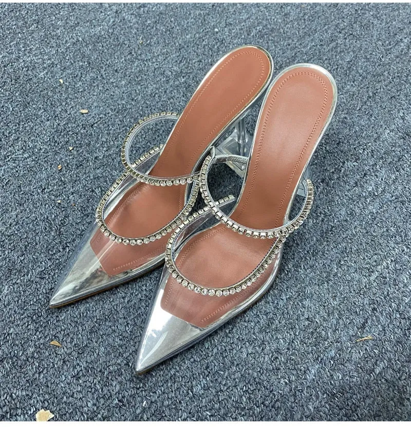 Rhinestones Satin Elegant Pointed toe High heels Lady Mules