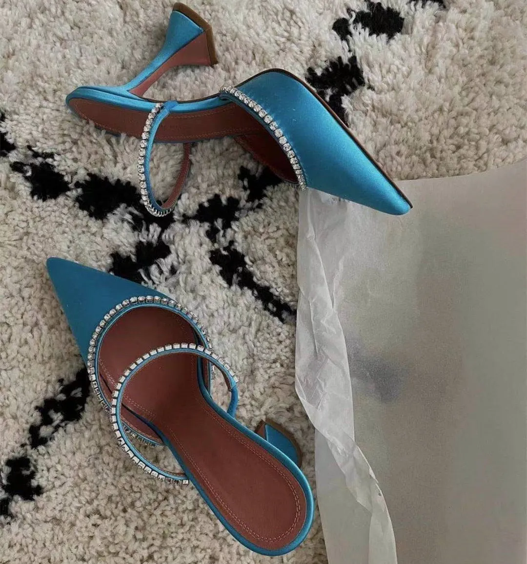 Rhinestones Satin Elegant Pointed toe High heels Lady Mules