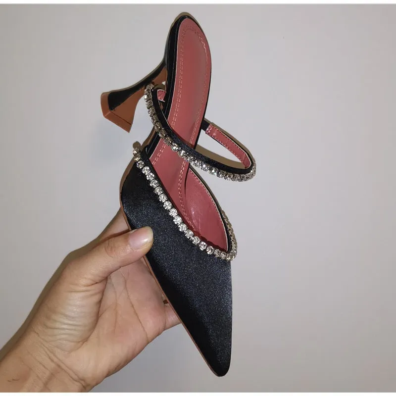 Rhinestones Satin Elegant Pointed toe High heels Lady Mules